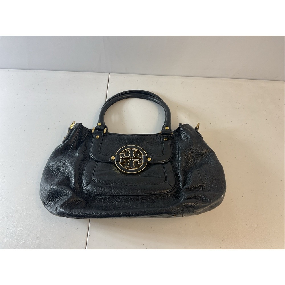 Tory Burch Amanda Hobo Bag Black Pebbled Leather Shoulder Tote LOGO